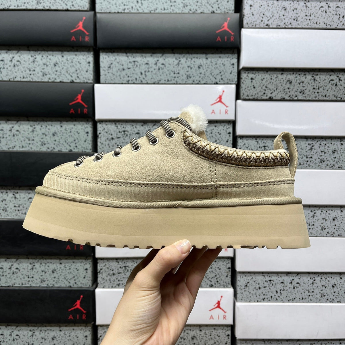 UGG Lowmel Platform Sneaker – Suede Low-Top with Shearling Collar, Braided Trim, Bungee Lace & Chunky Platform Sole in Sand