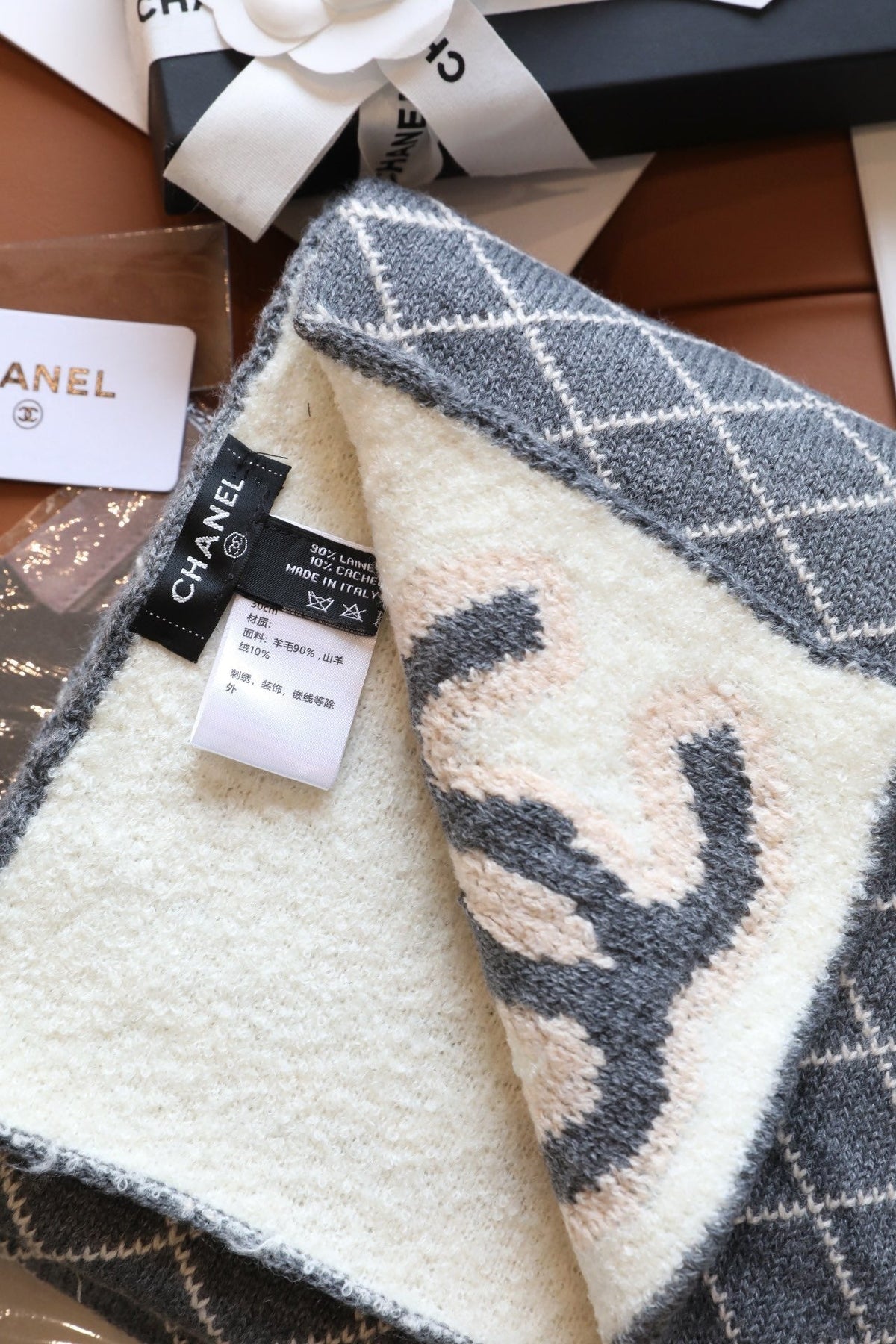 Chanel Style Fuzzy Reversible Diamond Logo Scarf