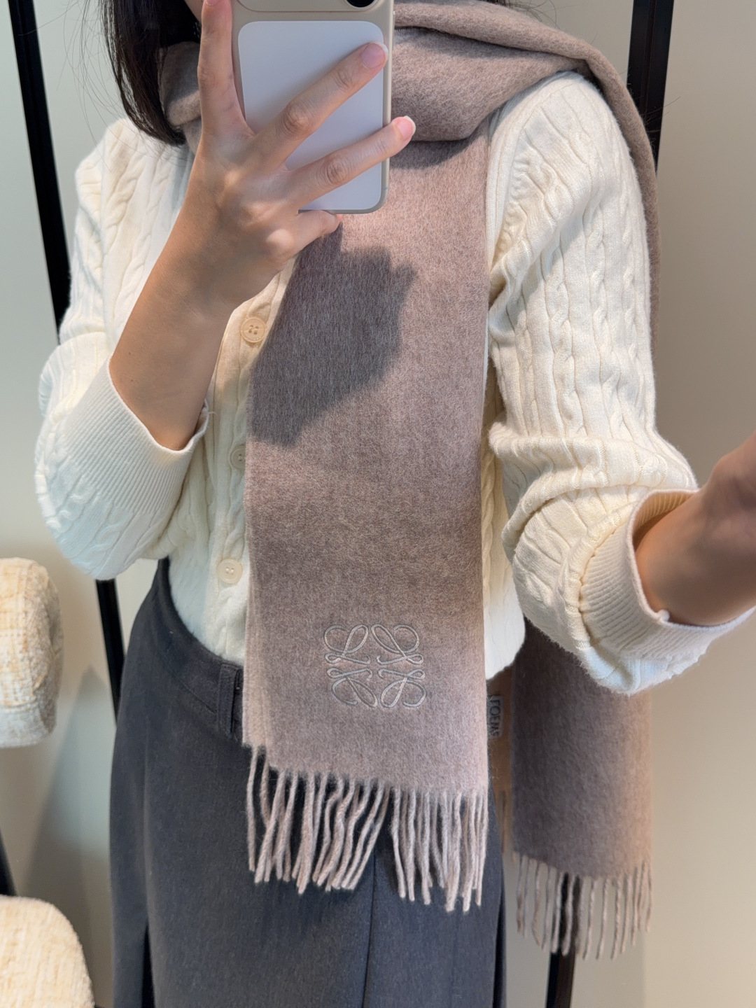 Loewe Taupe Gray Fringed Scarf
