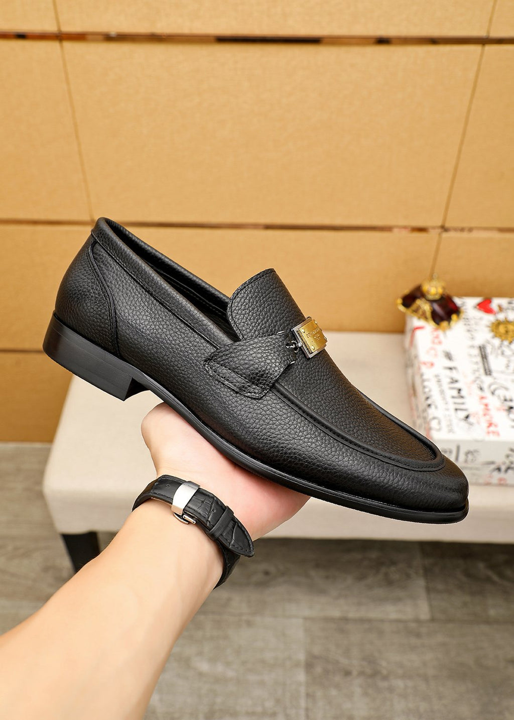 Dolce & Gabbana Men’s Black Gold-Tone Buckle Loafers